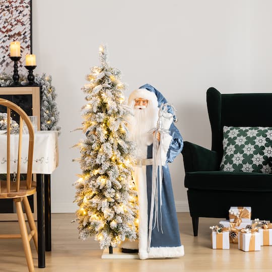 Glitzhome® 3.5ft. Oversized Deluxe Blue Christmas Santa with 4ft Lighted Flocked Artificial Christmas Tree